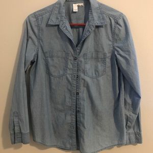 Button down light jean colored shirt.